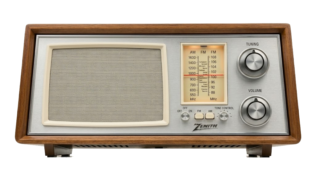 Classic 1960s Zenith AM/FM tabletop radio with wood cabinet on a transparent background